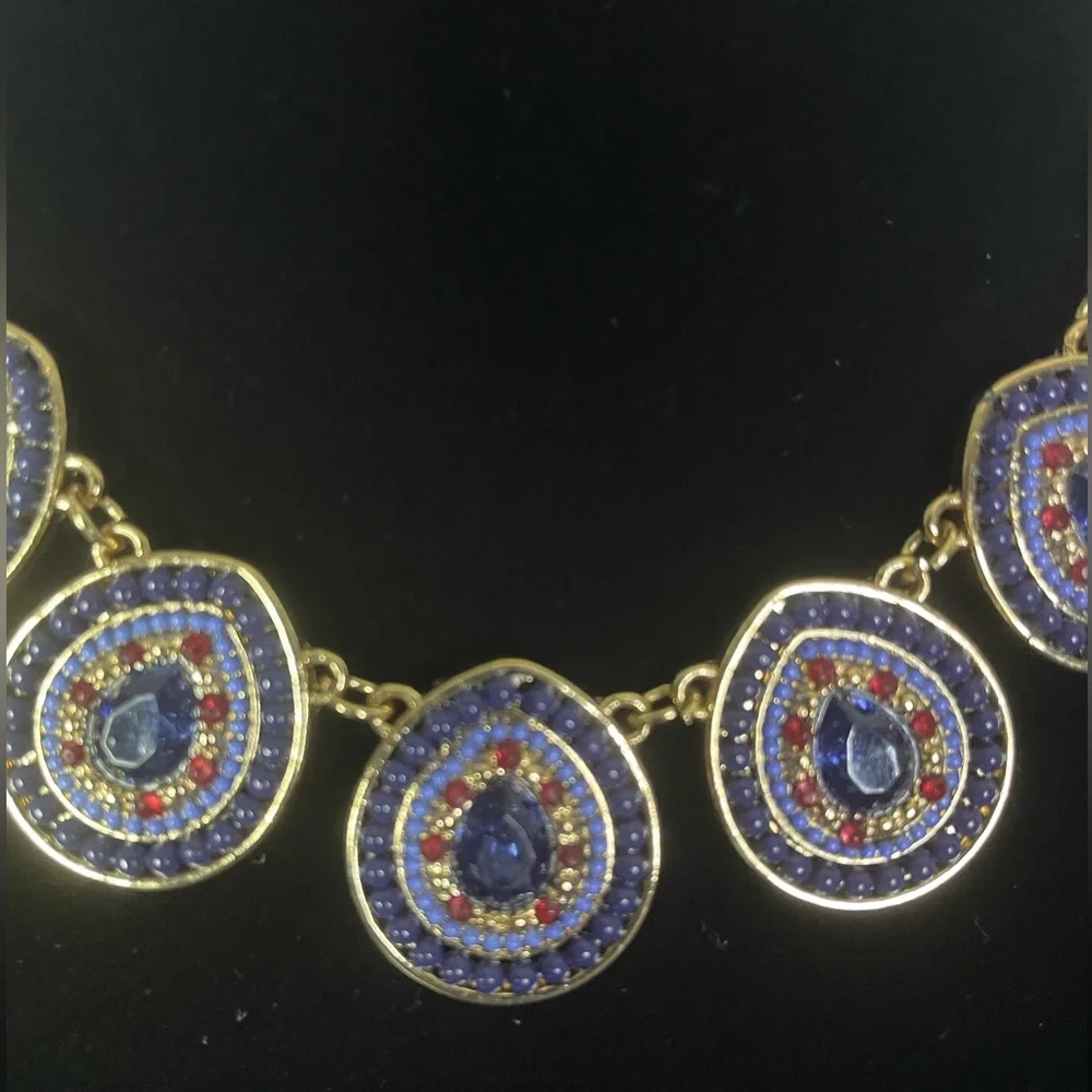 Blue Teardrop Necklace & Earring Set Blue Red Beads / Stones Gold-Tone NWOT